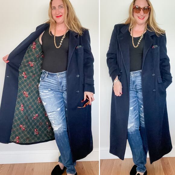 Vintage Evan Picone 100% wool double breasted navy blue overcoat size large L - Picture 1 of 9
